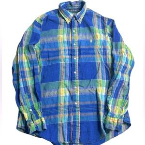 Ralph Lauren Linen Button Down‎ Shirt Men’s Large Blue Green Plaid Long Sleeve